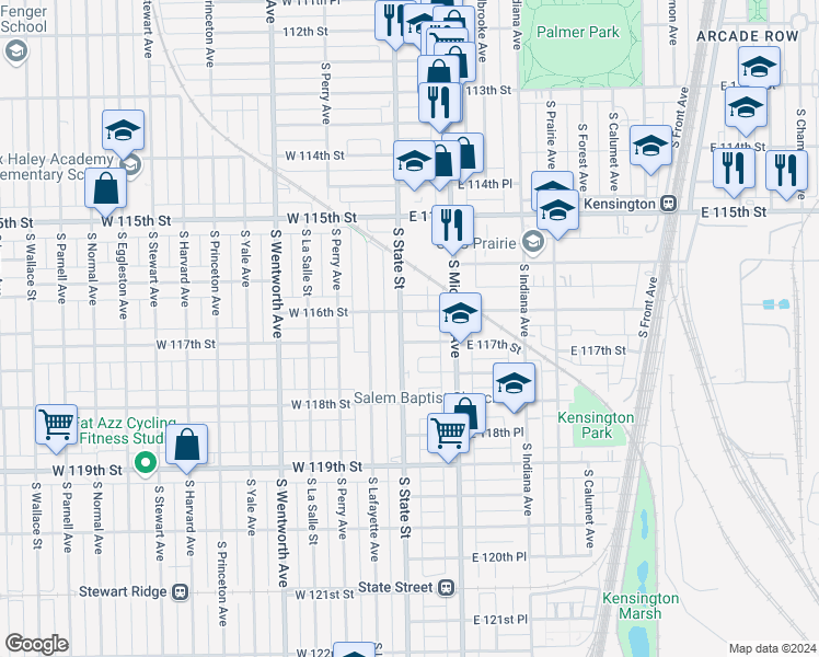 map of restaurants, bars, coffee shops, grocery stores, and more near 11611 South State Street in Chicago