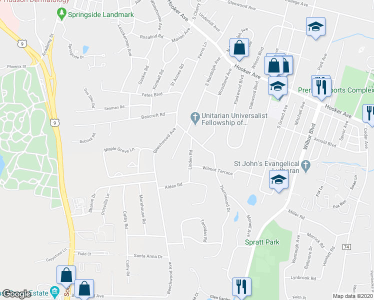 map of restaurants, bars, coffee shops, grocery stores, and more near 6 Linden Road in Poughkeepsie