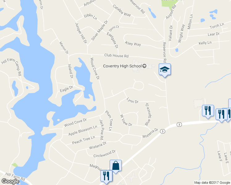 map of restaurants, bars, coffee shops, grocery stores, and more near 6 Sugar Maple Drive in Coventry