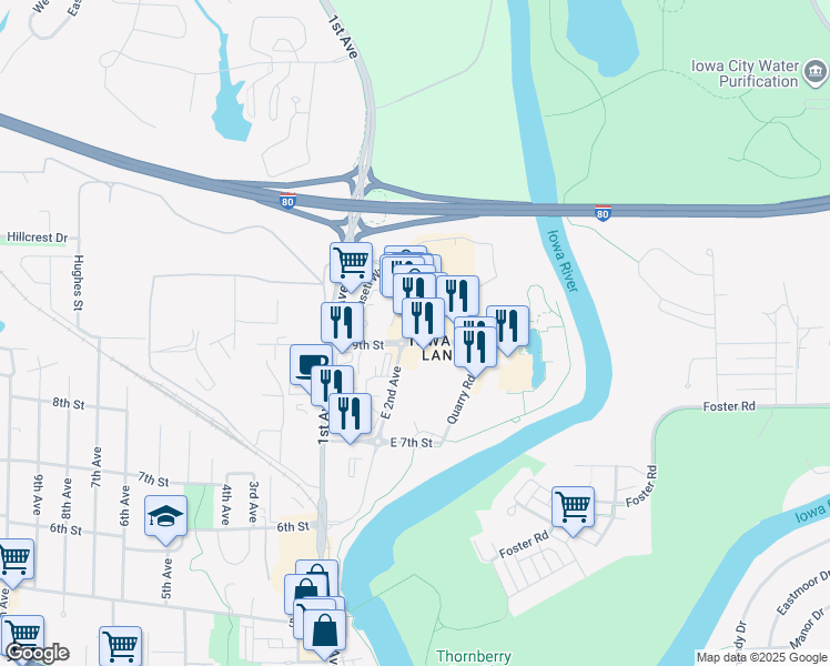 map of restaurants, bars, coffee shops, grocery stores, and more near 902 2nd Street in Coralville