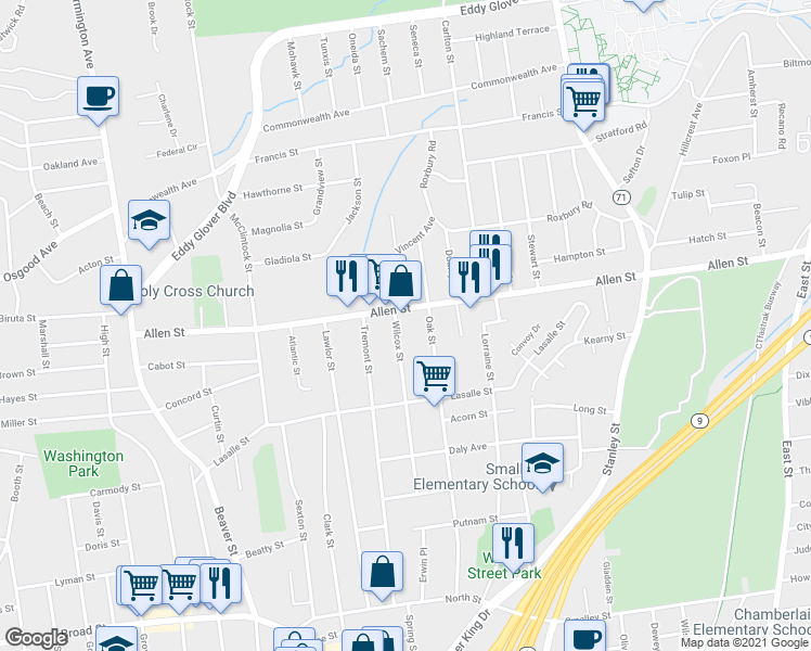 map of restaurants, bars, coffee shops, grocery stores, and more near 181 Wilcox Street in New Britain