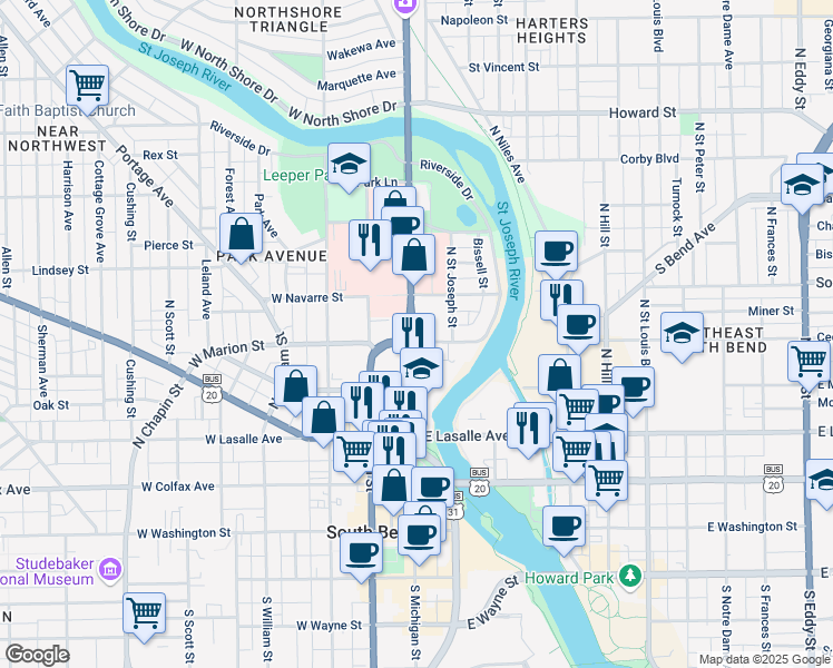 map of restaurants, bars, coffee shops, grocery stores, and more near 502 North Michigan Street in South Bend