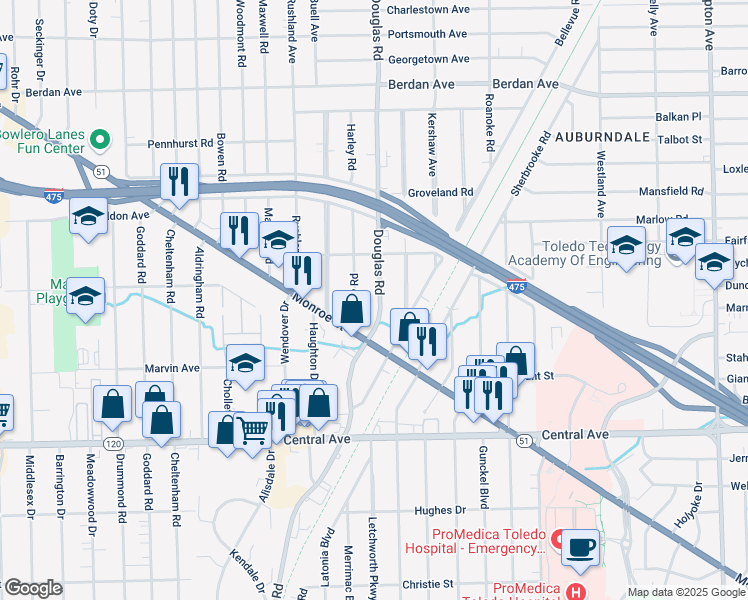 map of restaurants, bars, coffee shops, grocery stores, and more near 3349 Douglas Road in Toledo