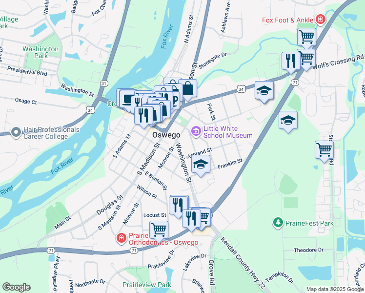 map of restaurants, bars, coffee shops, grocery stores, and more near 80 East Washington Street in Oswego