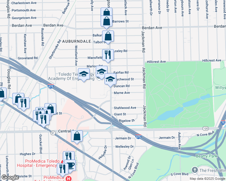 map of restaurants, bars, coffee shops, grocery stores, and more near 3300 Upton Avenue in Toledo