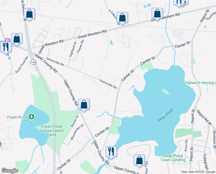 map of restaurants, bars, coffee shops, grocery stores, and more near 171 Searsville Road in Dennis