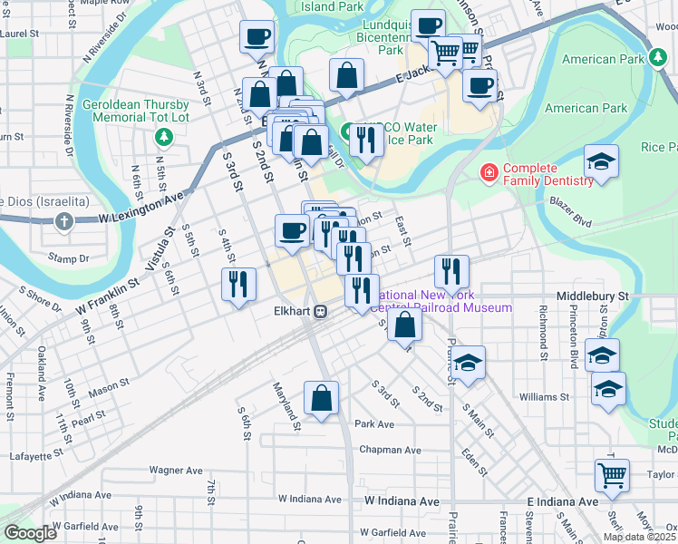 map of restaurants, bars, coffee shops, grocery stores, and more near South Main Street & Harrison Street in Elkhart