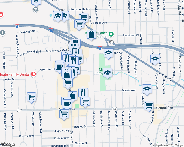 map of restaurants, bars, coffee shops, grocery stores, and more near 3321 Middlesex Drive in Toledo