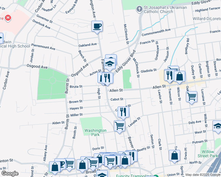 map of restaurants, bars, coffee shops, grocery stores, and more near 14 Allen Street in New Britain