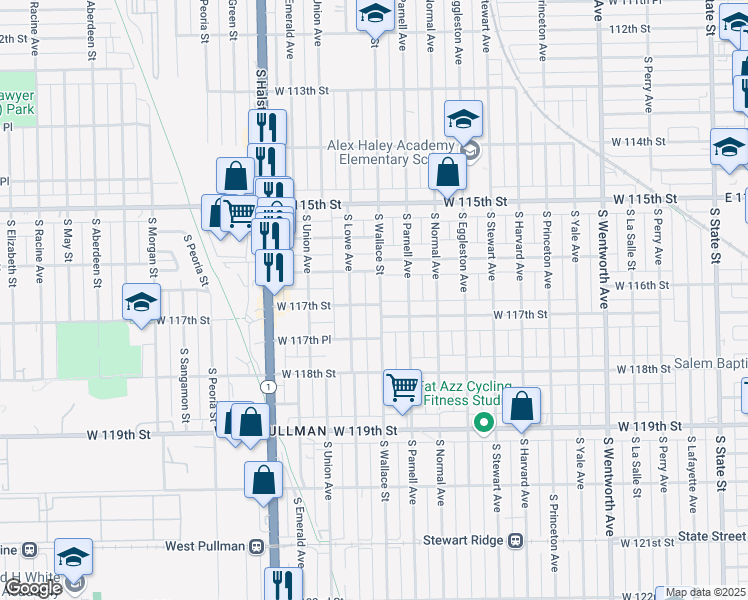 map of restaurants, bars, coffee shops, grocery stores, and more near 11670 South Wallace Street in Chicago