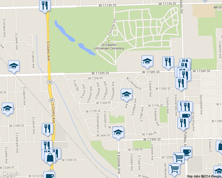 map of restaurants, bars, coffee shops, grocery stores, and more near 11558 South Kenneth Avenue in Alsip