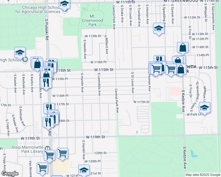 map of restaurants, bars, coffee shops, grocery stores, and more near 3619 West 116th Street in Chicago