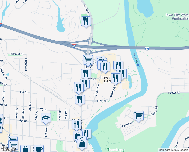 map of restaurants, bars, coffee shops, grocery stores, and more near 105 East 9th Street in Coralville