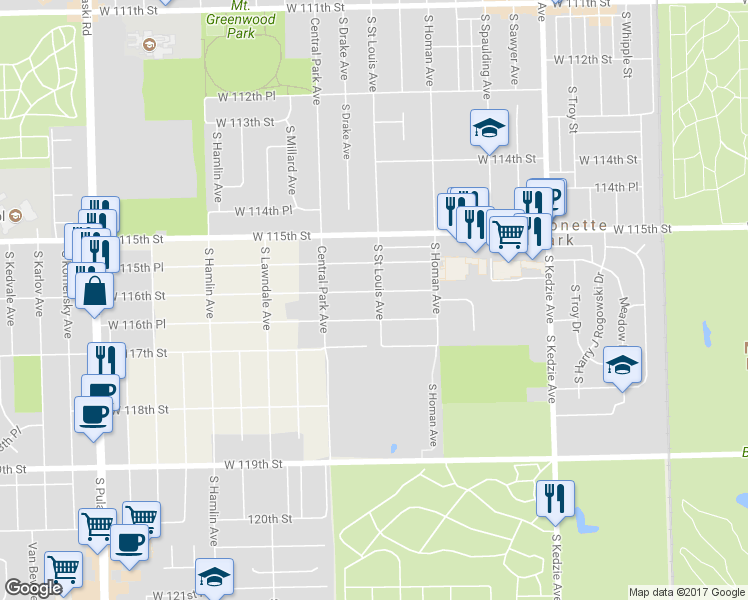 map of restaurants, bars, coffee shops, grocery stores, and more near 3503 West 116th Street in Chicago