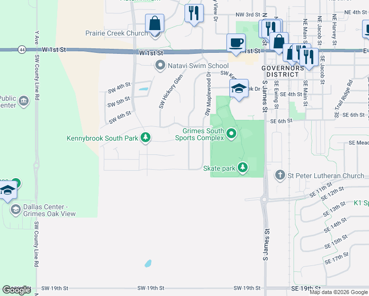 map of restaurants, bars, coffee shops, grocery stores, and more near 801 Southwest Kennybrook Drive in Grimes
