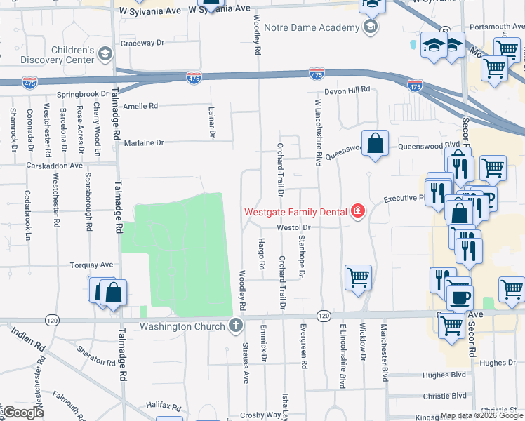 map of restaurants, bars, coffee shops, grocery stores, and more near 3420 Woodley Road in Toledo
