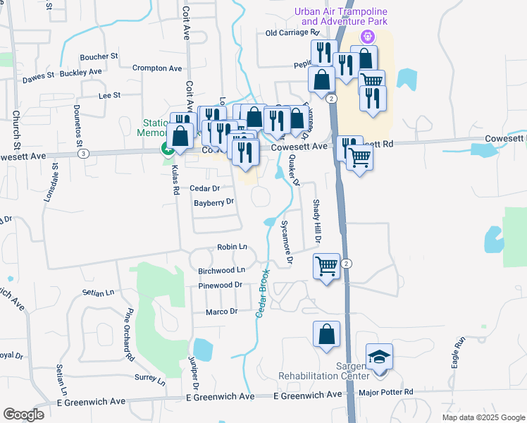 map of restaurants, bars, coffee shops, grocery stores, and more near 45 Kristee Circle in West Warwick