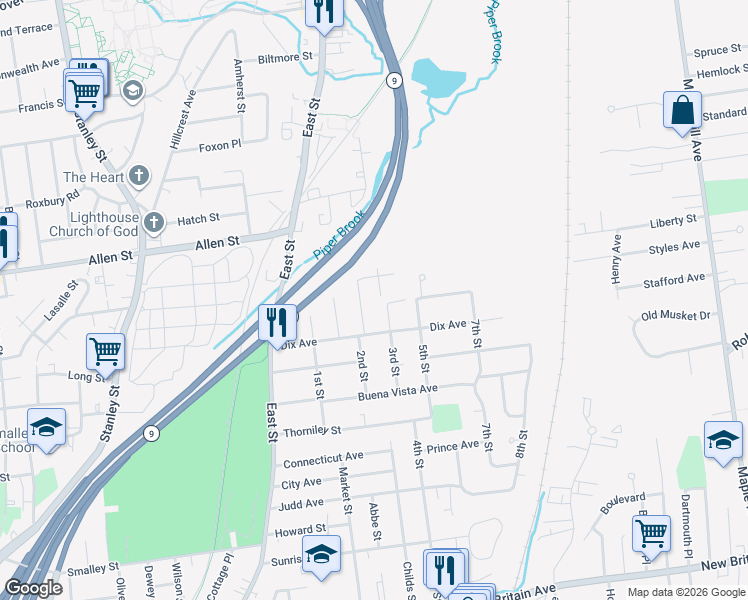 map of restaurants, bars, coffee shops, grocery stores, and more near 10 Lester Street in New Britain