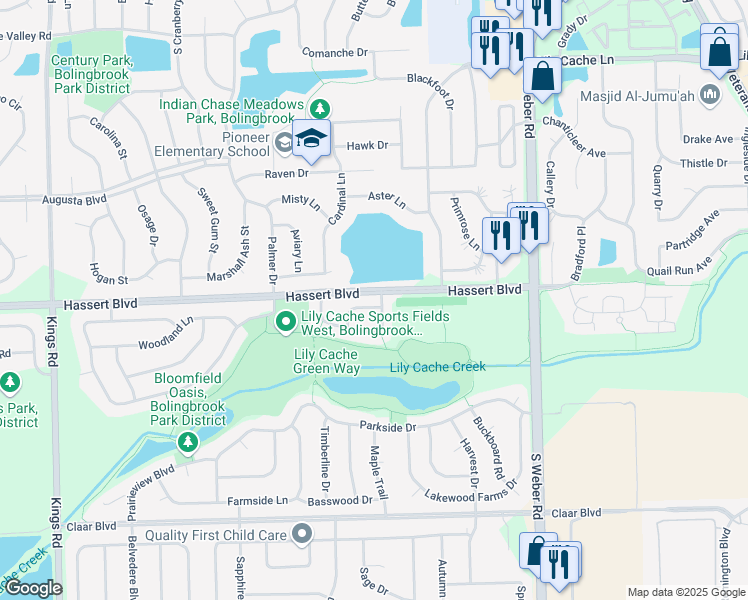 map of restaurants, bars, coffee shops, grocery stores, and more near 1422 White Pine Lane in Bolingbrook