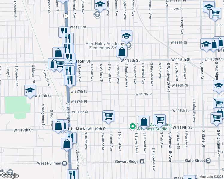 map of restaurants, bars, coffee shops, grocery stores, and more near 11645 South Parnell Avenue in Chicago