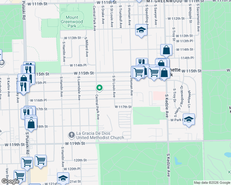 map of restaurants, bars, coffee shops, grocery stores, and more near 3503 West 116th Street in Chicago