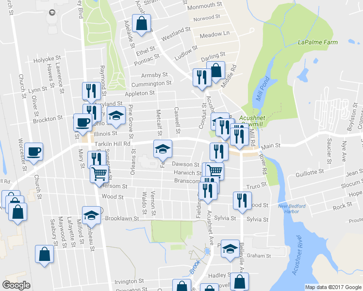 map of restaurants, bars, coffee shops, grocery stores, and more near 31 Holden Street in New Bedford