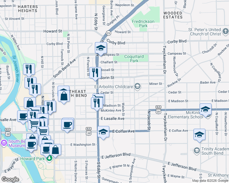 map of restaurants, bars, coffee shops, grocery stores, and more near 1135 Cedar Street in South Bend