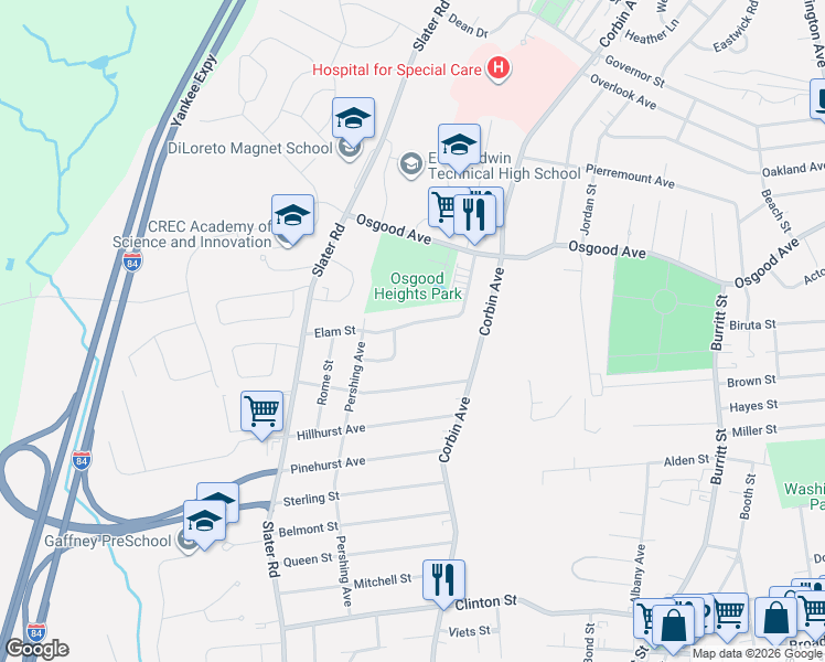 map of restaurants, bars, coffee shops, grocery stores, and more near 122 Elam Street in New Britain