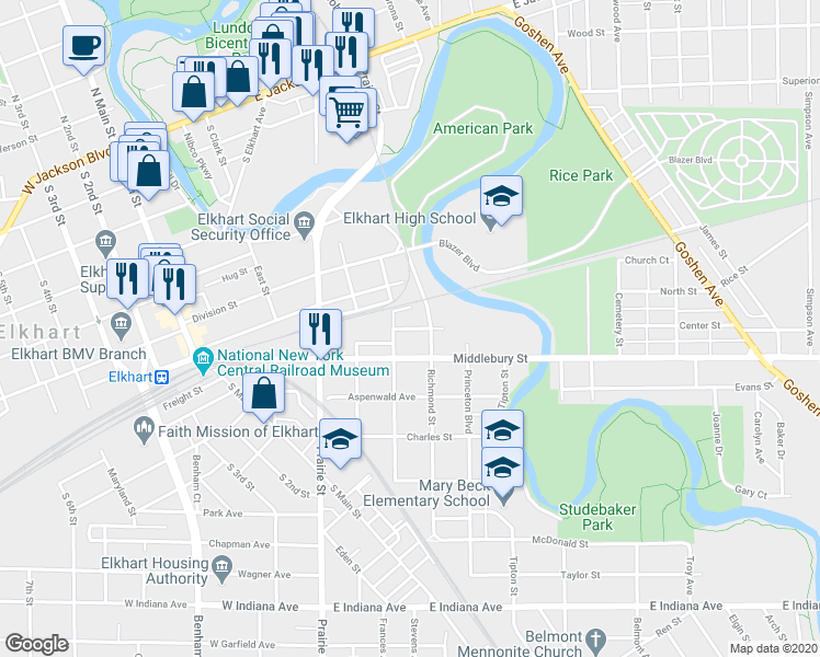 map of restaurants, bars, coffee shops, grocery stores, and more near 520 Virginia Avenue in Elkhart