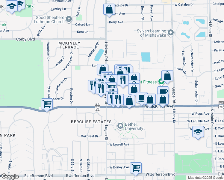 map of restaurants, bars, coffee shops, grocery stores, and more near 2350 Hickory Road in Mishawaka