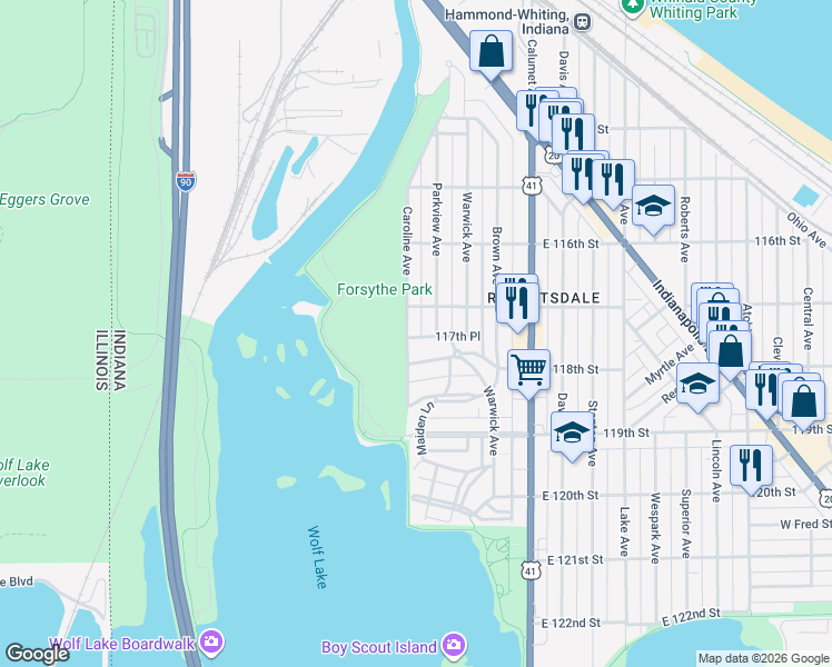 map of restaurants, bars, coffee shops, grocery stores, and more near 1725 Caroline Avenue in Whiting