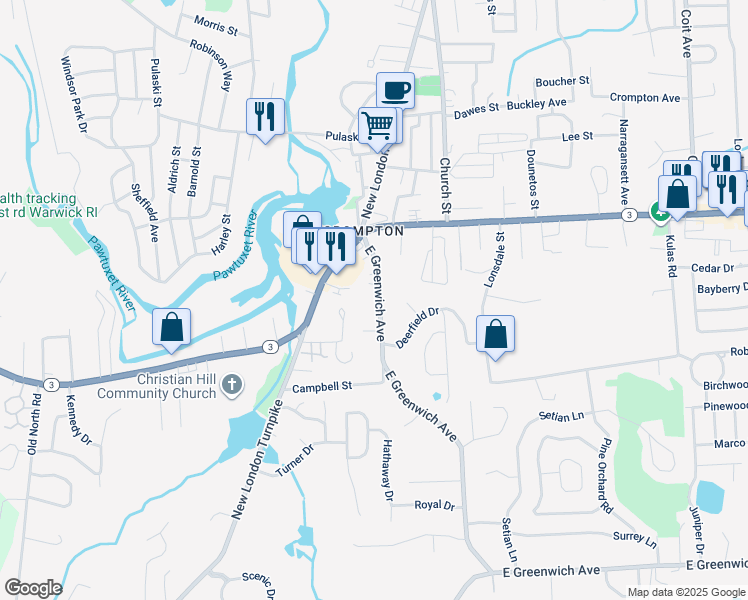 map of restaurants, bars, coffee shops, grocery stores, and more near 37 East Greenwich Avenue in West Warwick