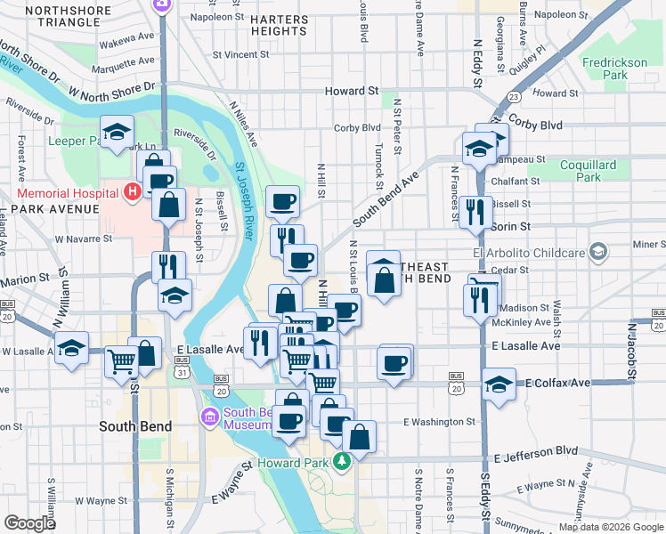 map of restaurants, bars, coffee shops, grocery stores, and more near 609 Cedar Street in South Bend