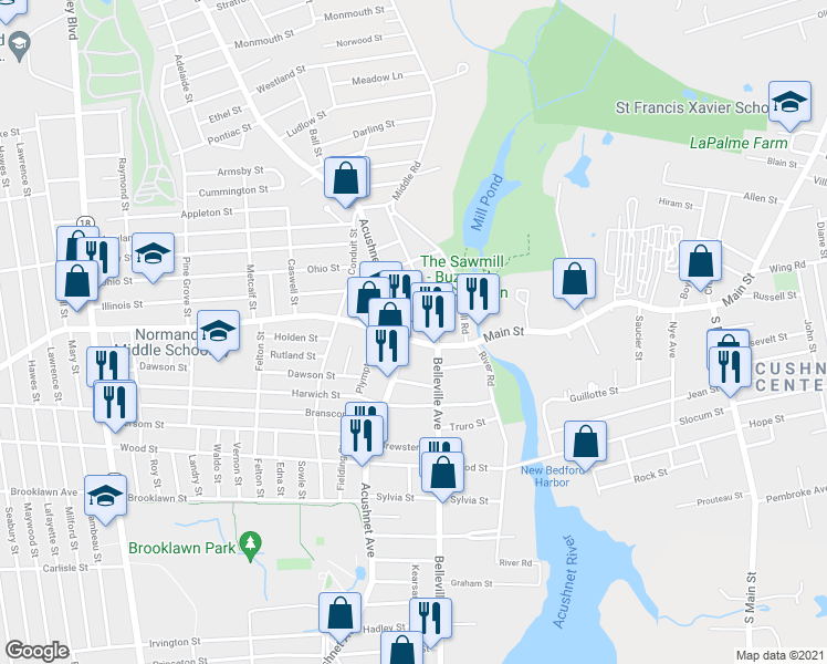 map of restaurants, bars, coffee shops, grocery stores, and more near 75-77 Tarkiln Hill Road in New Bedford