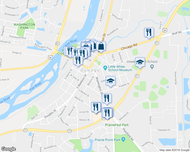 map of restaurants, bars, coffee shops, grocery stores, and more near 73 East Washington Street in Oswego