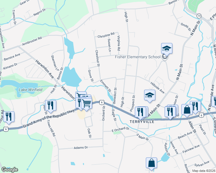 map of restaurants, bars, coffee shops, grocery stores, and more near 22 Emmett Street in Plymouth