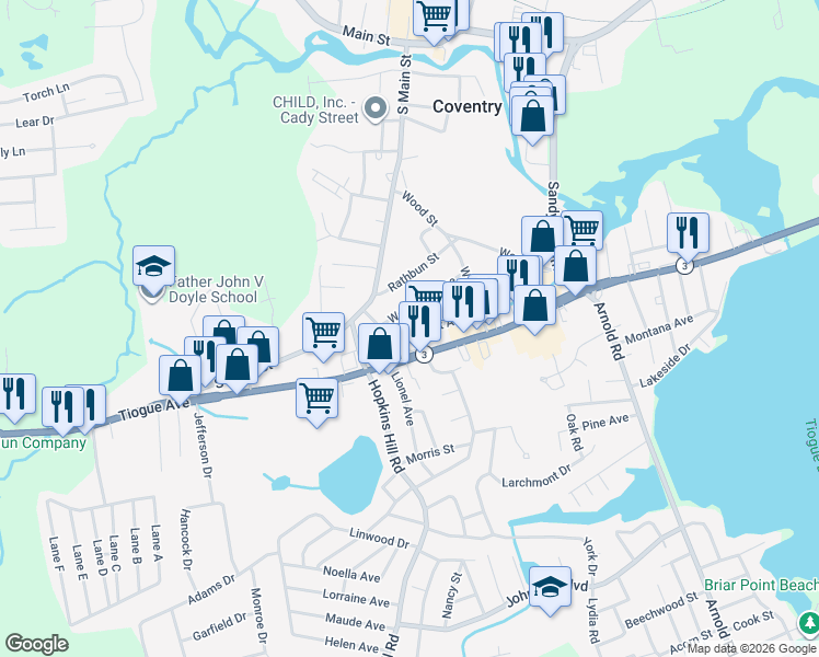 map of restaurants, bars, coffee shops, grocery stores, and more near 18 Prospect Ave in Coventry