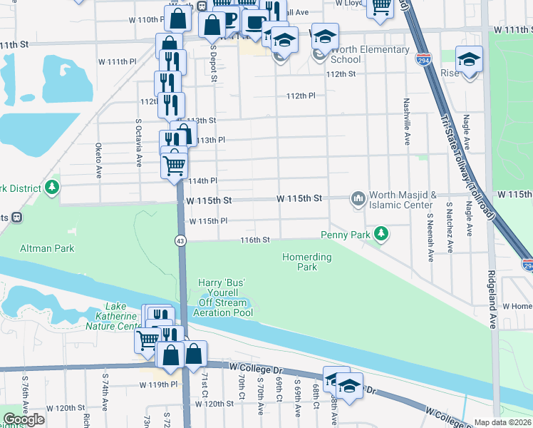 map of restaurants, bars, coffee shops, grocery stores, and more near 6918 West 115th Place in Worth