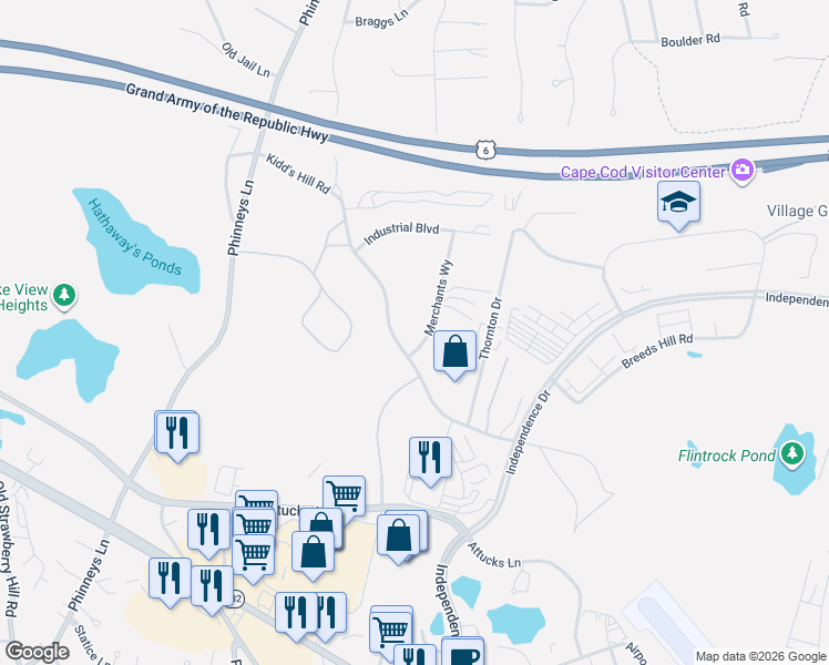 map of restaurants, bars, coffee shops, grocery stores, and more near 25 Merchants Way in Barnstable
