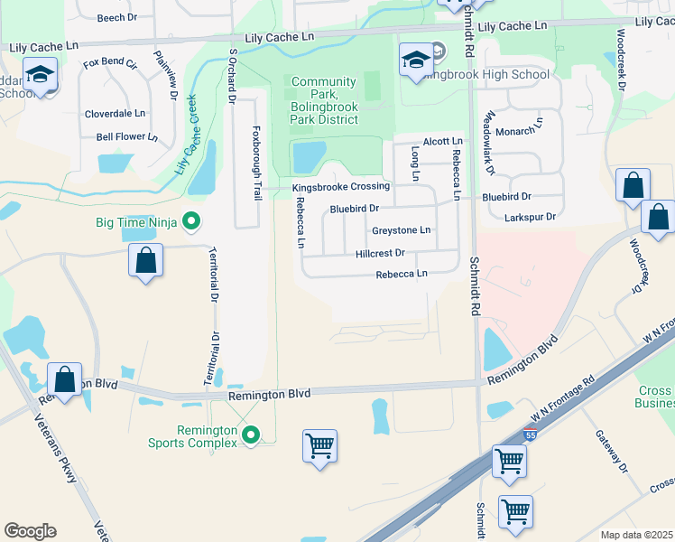 map of restaurants, bars, coffee shops, grocery stores, and more near 723 Rebecca Lane in Bolingbrook