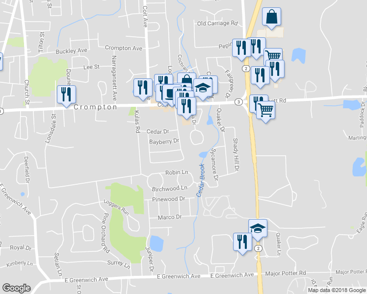 map of restaurants, bars, coffee shops, grocery stores, and more near 78 Monterey Drive in West Warwick