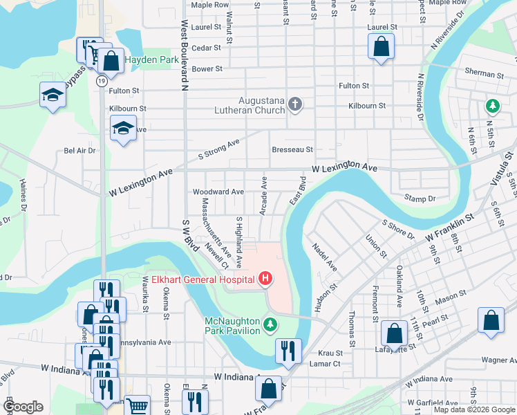 map of restaurants, bars, coffee shops, grocery stores, and more near 323 Arcade Avenue in Elkhart