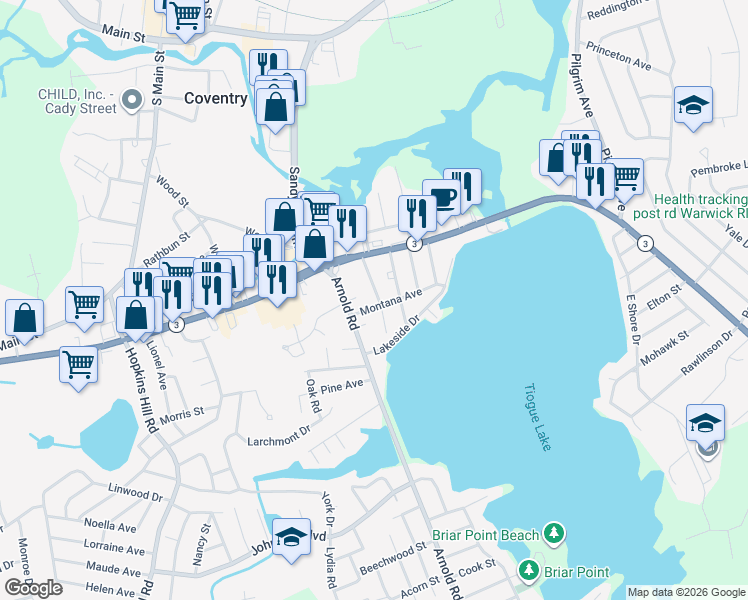 map of restaurants, bars, coffee shops, grocery stores, and more near 41 Arizona St in Coventry