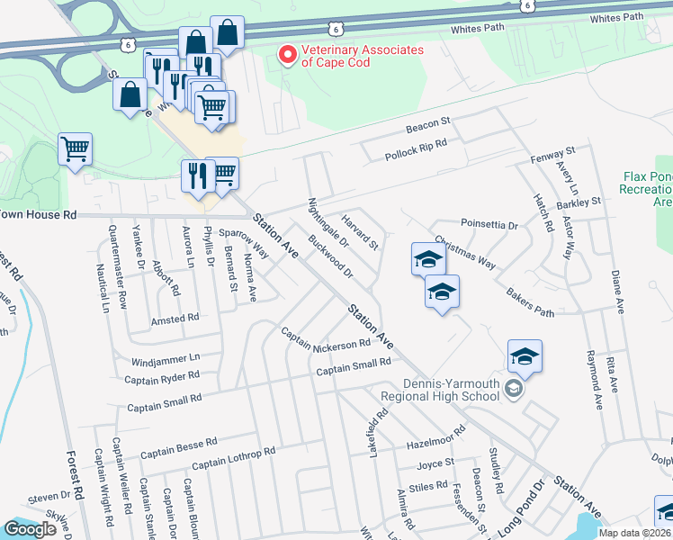 map of restaurants, bars, coffee shops, grocery stores, and more near 360 Station Avenue in Yarmouth