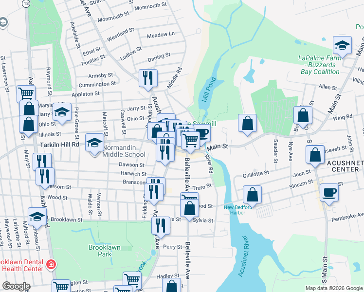 map of restaurants, bars, coffee shops, grocery stores, and more near 65 Tarkiln Hill Road in New Bedford