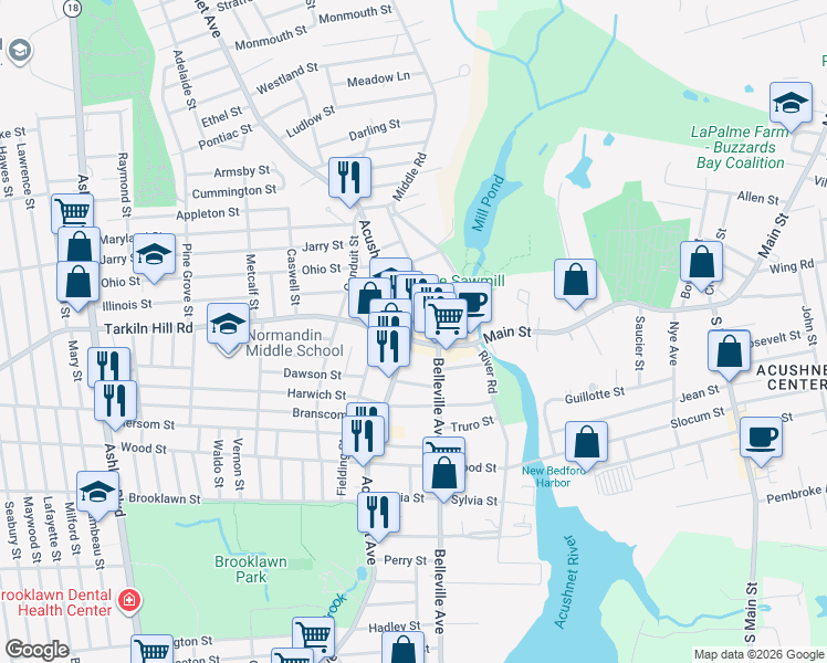 map of restaurants, bars, coffee shops, grocery stores, and more near 65 Tarkiln Hill Road in New Bedford