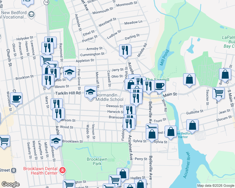 map of restaurants, bars, coffee shops, grocery stores, and more near 372 Conduit Street in New Bedford