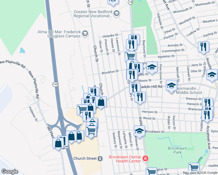 map of restaurants, bars, coffee shops, grocery stores, and more near 336 Oliver Street in New Bedford