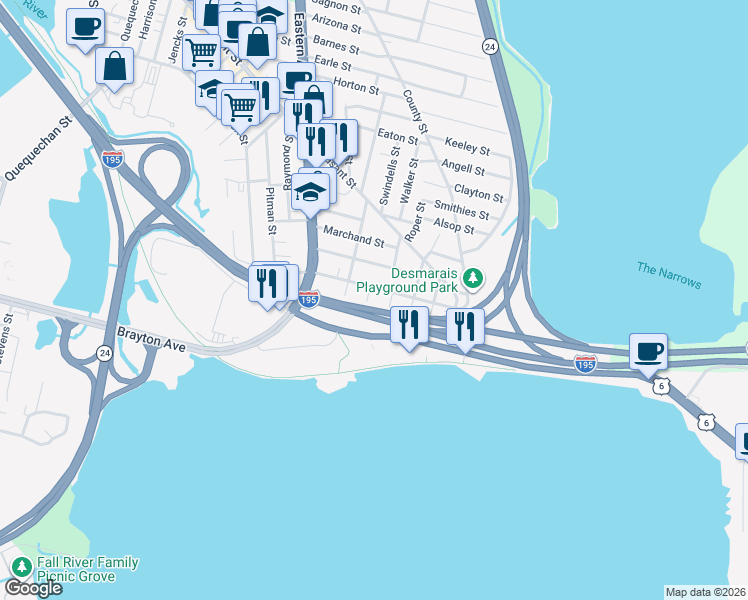 map of restaurants, bars, coffee shops, grocery stores, and more near 163 McGowan Street in Fall River