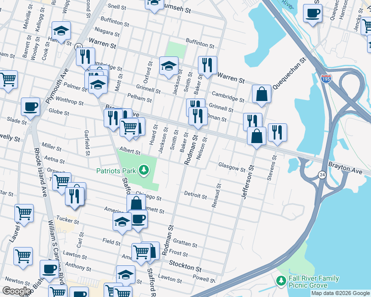 map of restaurants, bars, coffee shops, grocery stores, and more near 508 Baker Street in Fall River